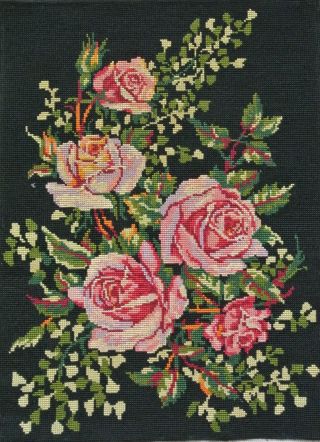 Vintage French Art Deco Style Bouquet Roses Black Background Needlepoint Margot