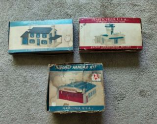 3 Vintage Plasticville Airport Hangar - 2 Story Colonial House - Airport Admin.