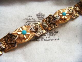 Vintage Jewellery Turquoise Cabachon Enamel Detail Gold Metal Bracelet