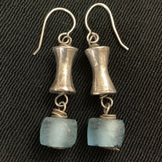 Vtg Sterling & Blue Rough Cut Art Glass Brutalist Dangle Earrings Frosted 8g 2” 2