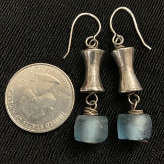 Vtg Sterling & Blue Rough Cut Art Glass Brutalist Dangle Earrings Frosted 8g 2” 3