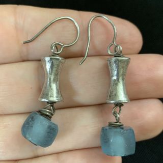 Vtg Sterling & Blue Rough Cut Art Glass Brutalist Dangle Earrings Frosted 8g 2” 4