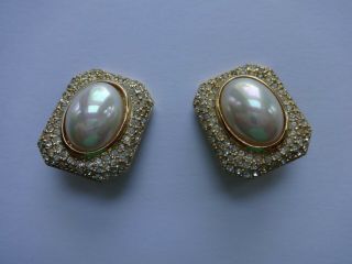 Vintage Signed Dior Faux Pearl/rhinestone Gold Tone Clip Earrings