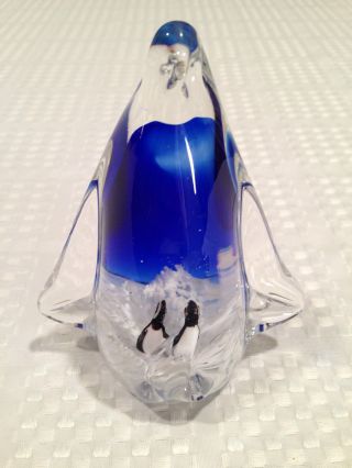 Vintage MURANO ART GLASS COBALT BLUE PENGUIN w/BABIES Figurine Paperweight 2
