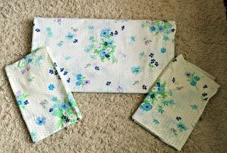 Vintage Blue Green Purple Floral King Bed Flat Sheet & 2 Pillowcases Jc Penney