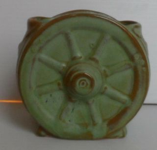 Vintage Frankoma Pottery Green Wagon Wheel Open Sugar Bowl Or Vase