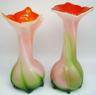 2 Vintage Murano Orange White Uranium Green Ribbed Glass Calla Lily Pulpit Vases