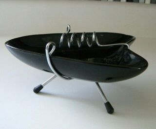 Mcm Vintage Black Atomic Boomerang Ashtray Ceramic W Silver Tripod