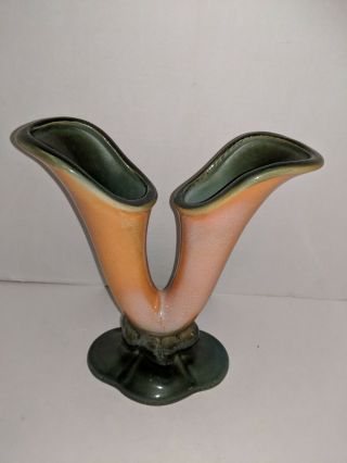 Vintage Hull Art Pottery Medley Double Cornucopia Bud Vase Brown/green 9 " T Lotb