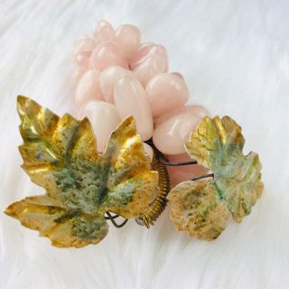 Vintage 1970 ' s Rose Quartz Gemstone Grape Cluster with Leaves,  Rare Collectible 4