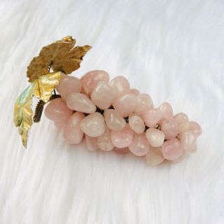 Vintage 1970 ' s Rose Quartz Gemstone Grape Cluster with Leaves,  Rare Collectible 6