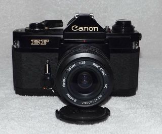 Vintage Canon Ef 35mm Slr Film Camera With Vivitar 28mm Wide Angle Lens -