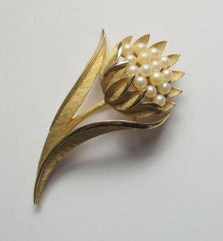 Vintage Gold Tone Flower Pin W/faux Pearls Signed Crown Trifari