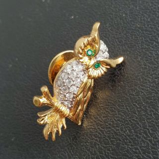 Swarovski Vintage Owl Lapel Pin Emerald Rhinestone Gold Silver Tone Crystal Bn29