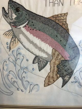 Vintage Custom Framed Fishing Needlework,  22 1/2 X 19 1/2,  folk art,  Handmade Trout 4