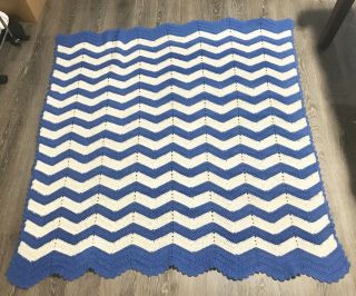 Vintage Handmade Chevron Blanket Twin XL Full or Throw Blue Cream 10 2