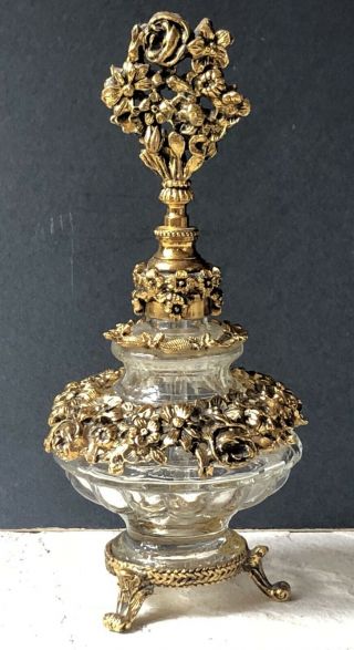 Wow Vintage Gold Gilt Ormolu Flower Glass Perfume Bottle Holder Antique Roses