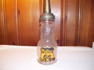 Vintage Phillips 66 Motor Oil Glass Bottle With Master Metal Spout And Screw Top