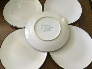5 Vintage Ava ' s Greenhouse Stoneware White Dinner Plates 10 1/2”Japan Black Rim 4