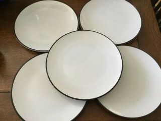 5 Vintage Ava ' s Greenhouse Stoneware White Dinner Plates 10 1/2”Japan Black Rim 5