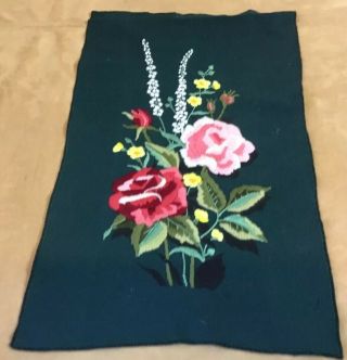 Vintage Needlepoint Embroidery,  Flowers,  Roses,  Daisies,  Dark Green,  Pink,  Red