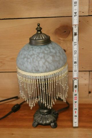 VINTAGE ART DECO MORNING GLORIES TABLE LAMP WITH FROSTED GLASS WITH BEADED SHADE 7