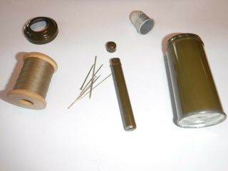 Vintage Army Green Sewing Kit Metal Tube Thread Thimble Case Great Display