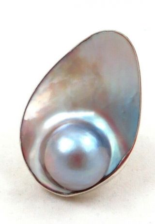 Vintage Charles Albert Sterling Silver Mabe Blister Pearl Ring Size 6 Adjustable