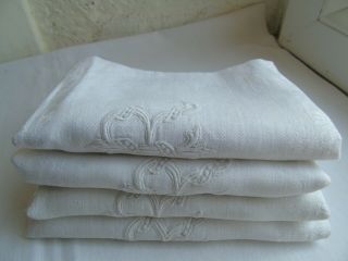 French Set Of 4 White Cotton Table Linens Damask " R " Monogram Antique Vintage