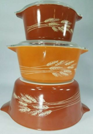 3 Vintage Pyrex Autumn Harvest Cinderella Nesting Bowls 473B 474B 475B 2 Lids 3