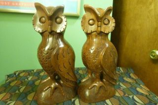 Set Of 2 Vintage 11 " Hand Carved Wood " Great Horned Owls " Detailed