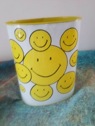 Vintage Cheinco Usa Metal Trash Can Yellow Smile Smiley Happy Face Faces