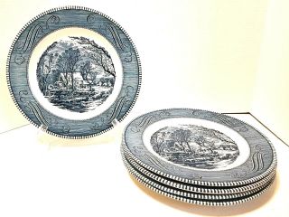 Set Of 5 Vtg Dinner Plates Currier And Ives Blue Royal China Old Grist Mill 10 "