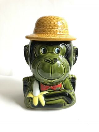 Vintage Large Green Ceramic Monkey Cookie Jar With Banana And Hat Biscuit