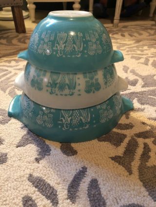 Vintage Pyrex Cinderella Mixing Bowls Amish Butterprint Turquoise Blue Set Of 3