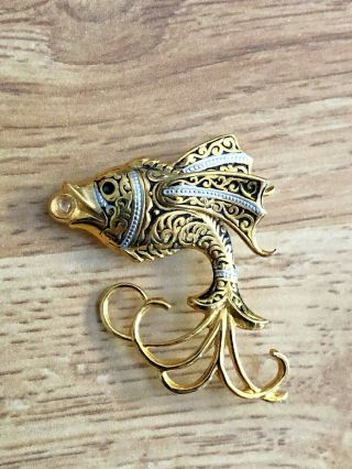 Vintage Gold Tone & Black Fish Brooch Pin Bubble In Mouth Waves At Tail Whimsy