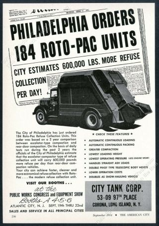 1954 City Tank Roto - Pac Trash Garbage Truck Philadelphia Photo Vintage Print Ad