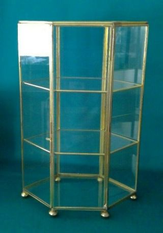 Vintage Brass Glass Tabletop Curio Cabinet Display Case 3 Shelves Swing Door Ex