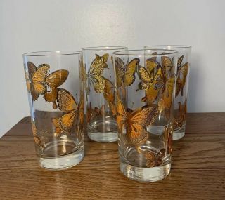 Set Of 4 Tall Clear Monarch Butterfly Drink Glasses Cup Vintage Bohemian Sparkle