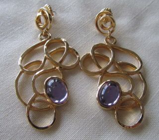 Vintage Gold Tone Oversize Modernist Pin Earrings With Purple Lucite
