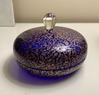 Vintage Round Box With Lid Cobalt Blue Glass Gold Glitter Sugar Bowl