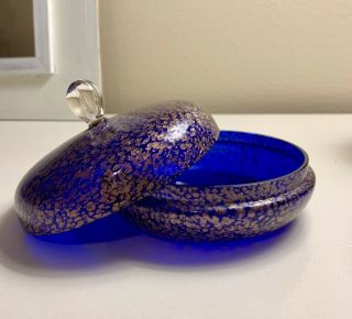 Vintage Round Box with Lid Cobalt Blue Glass Gold Glitter Sugar Bowl 6