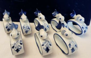 Vintage Set Of 8 Blue & White Porcelain Fish Napkin Rings