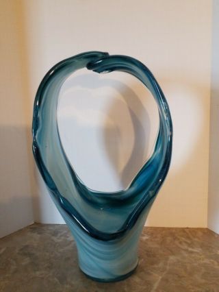 Vintage Hand Blown Stretch Studio Art Glass Blue Swirl Rough Pontil Basket Bowl