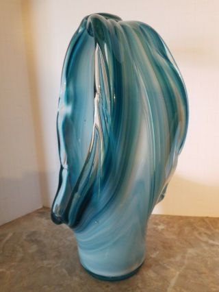 Vintage Hand Blown Stretch Studio Art Glass Blue Swirl Rough Pontil Basket Bowl 2