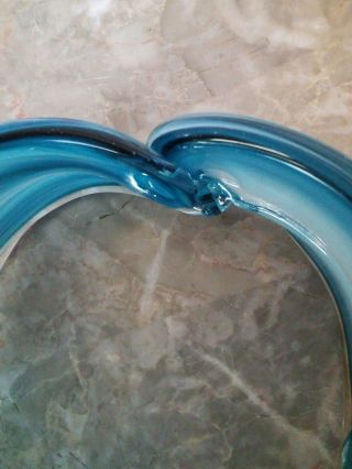 Vintage Hand Blown Stretch Studio Art Glass Blue Swirl Rough Pontil Basket Bowl 4
