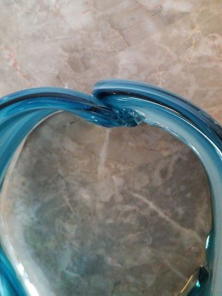 Vintage Hand Blown Stretch Studio Art Glass Blue Swirl Rough Pontil Basket Bowl 5