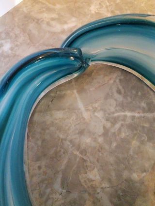 Vintage Hand Blown Stretch Studio Art Glass Blue Swirl Rough Pontil Basket Bowl 6