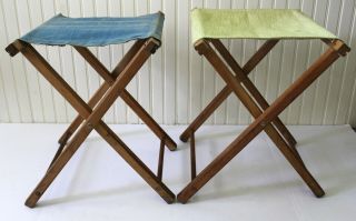 Set 2 Vintage Retro Folding Stool Chair Camping Fishing Blue Canvas Wood Sweet