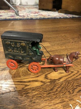 Vintage Old Cast Iron Toy Us Mail 128 Wagon Carriage With Horse & Driver 11 "